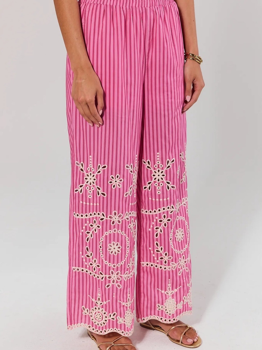 entro Pink Wide-Leg Embroidered Eyelet Pants
